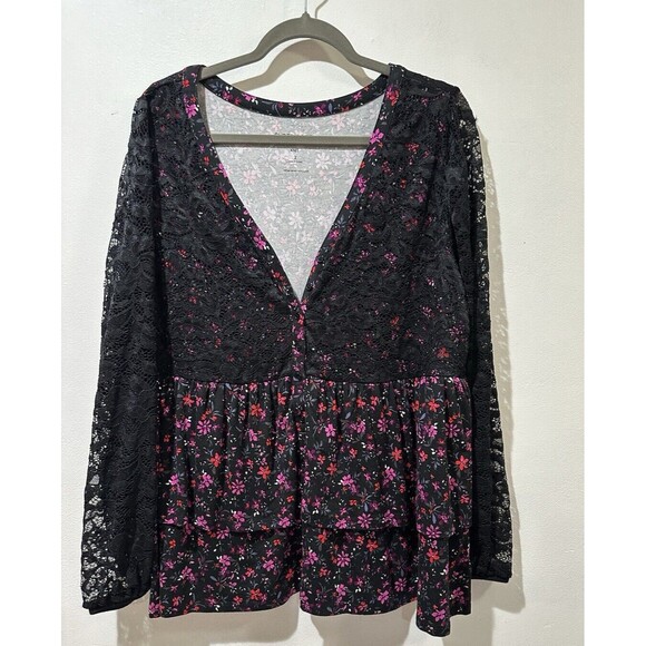 torrid Tops - Torrid Women's Black Baby-doll Lace Super Soft Mix Tiered Button Down Top 18-20